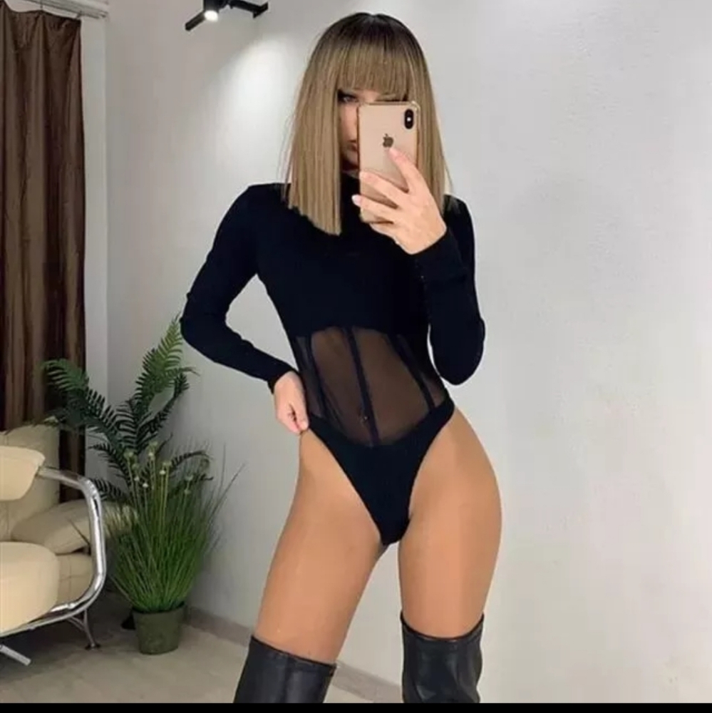 Black corset turtleneck bodysuit